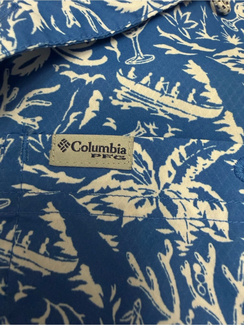 Columbia PFG Fishing Shirt XL Blue Tropical Print Button Up Vented - Picture 8 of 12